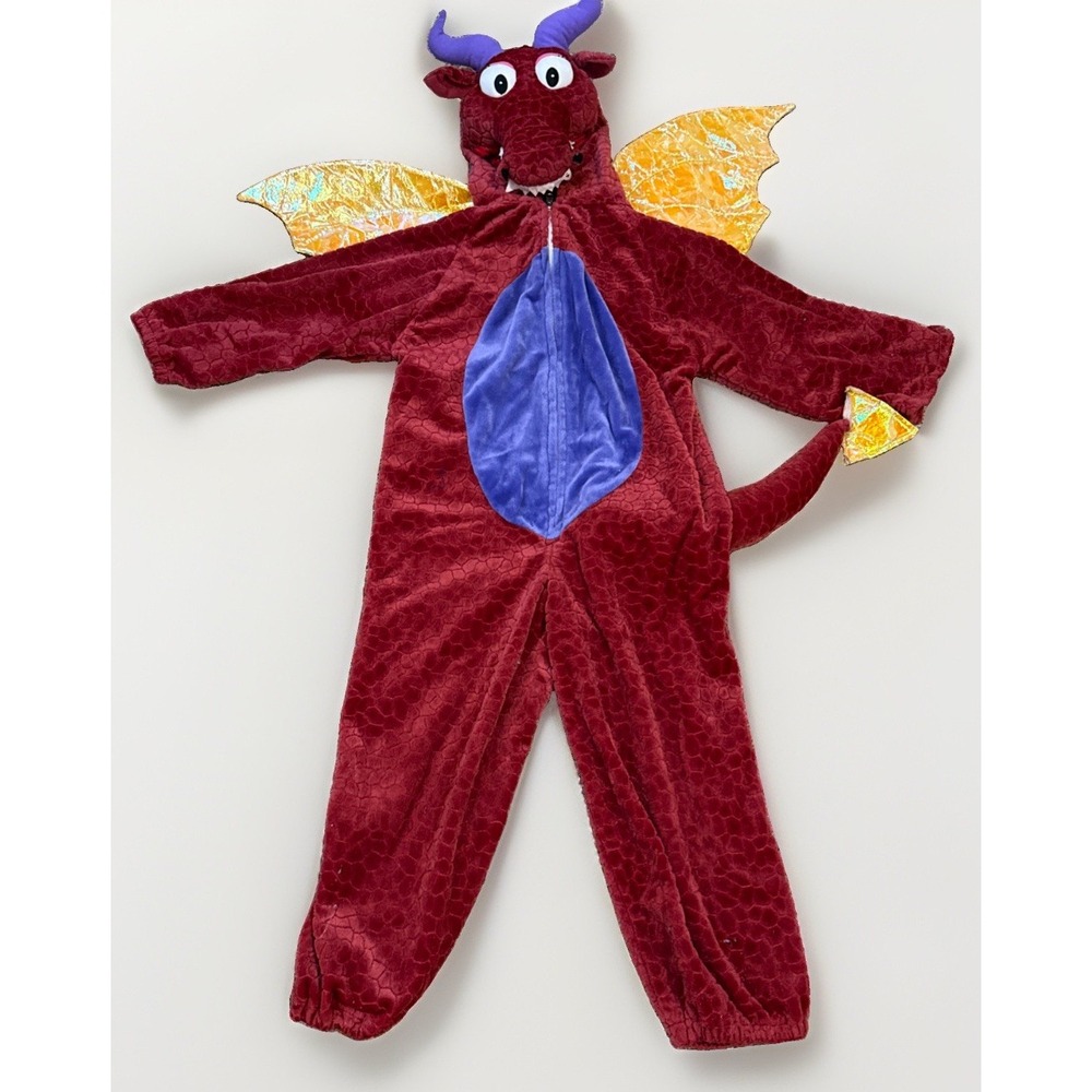 Red Plush Dragon Costume Mushu Hooded Suit Child Size 7-8 One Piece Warm